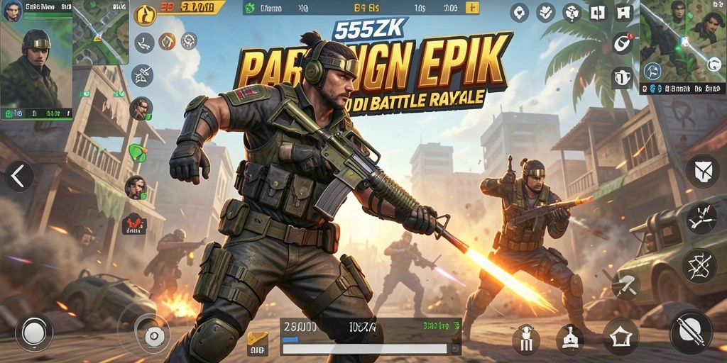 Screenshot gameplay 555ZK menampilkan aksi seru di arena Battle Royale.