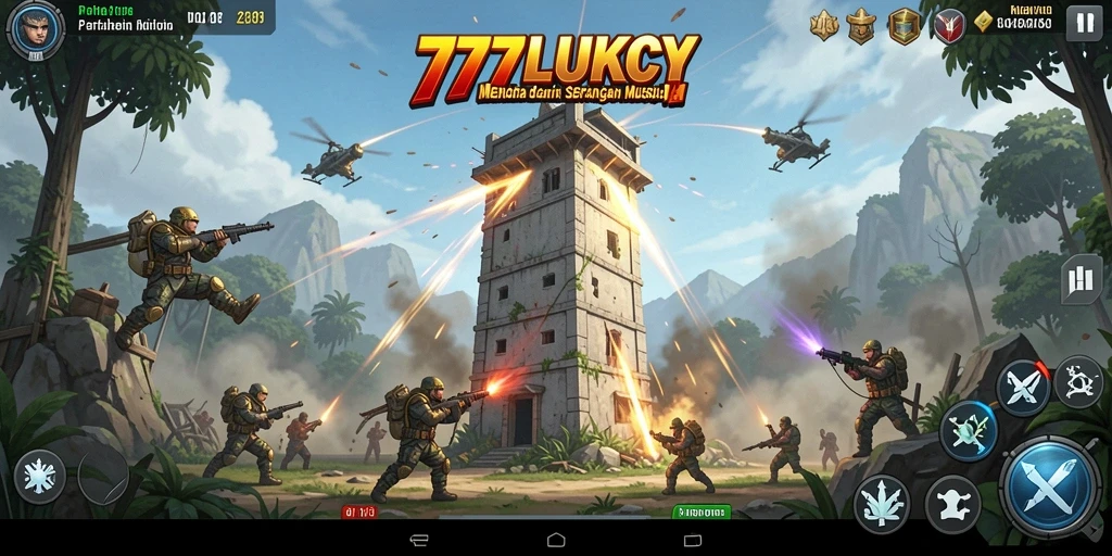 Tampilan gameplay seru di 777LUKCY dengan menara pertahanan aktif.
