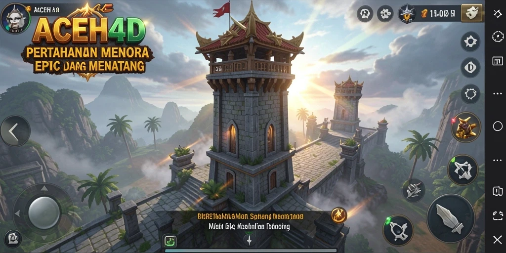Screenshot menampilkan gameplay menara bertahan yang intens.