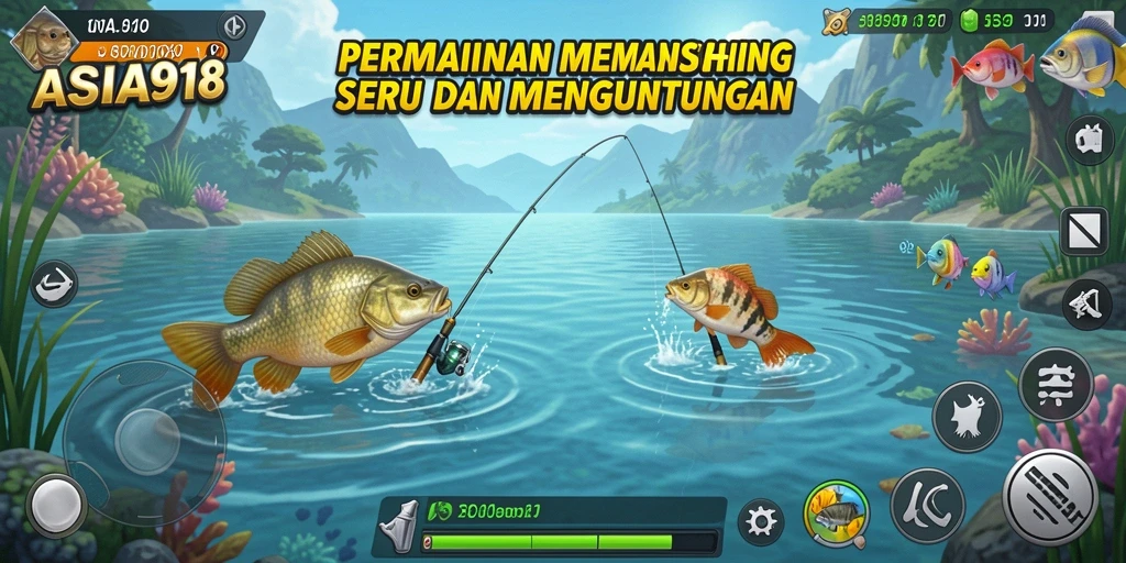 Tampilan gameplay memancing seru di ASIA918 dengan ikan beragam dan pemandangan indah.