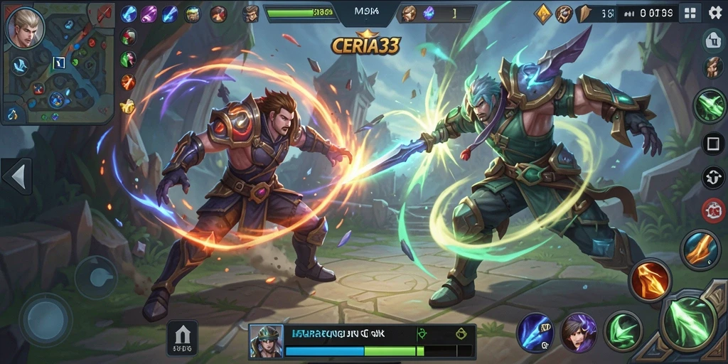 Gambaran gameplay seru di CERIA33 dalam pertarungan tim MOBA.