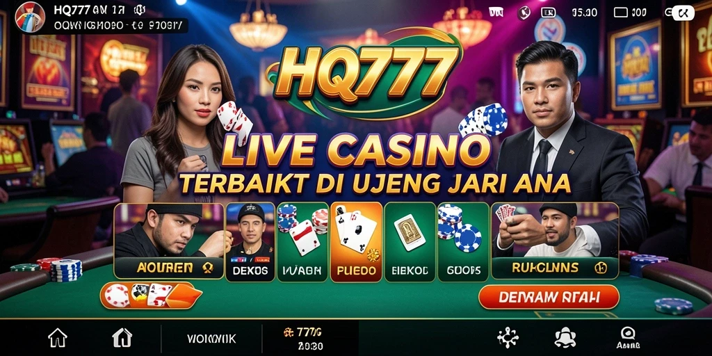 Screenshot gameplay Live Casino di HQ777 menunjukkan dealer profesional dan suasana permainan yang mendebarkan.
