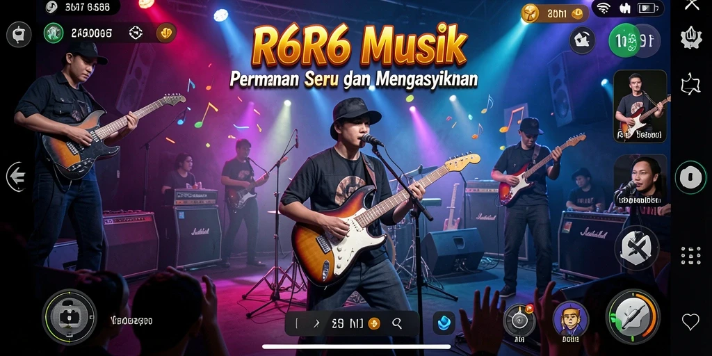 Tampilan gameplay seru di aplikasi R6R6 dengan musik yang menggugah semangat.