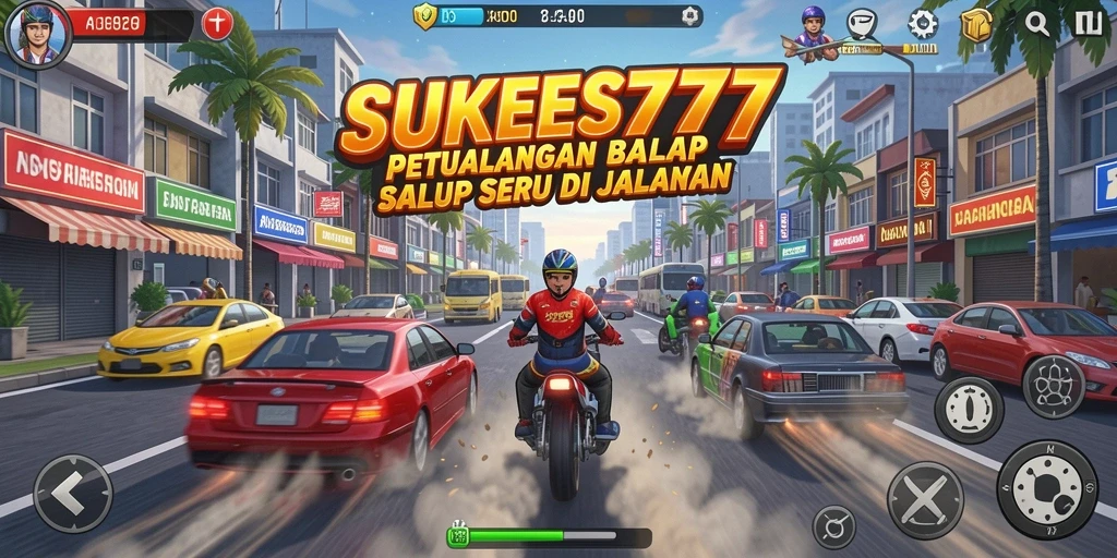 Gambar menampilkan aksi balapan seru di <strong>SUKSES777</strong> dengan mobil yang melaju kencang.