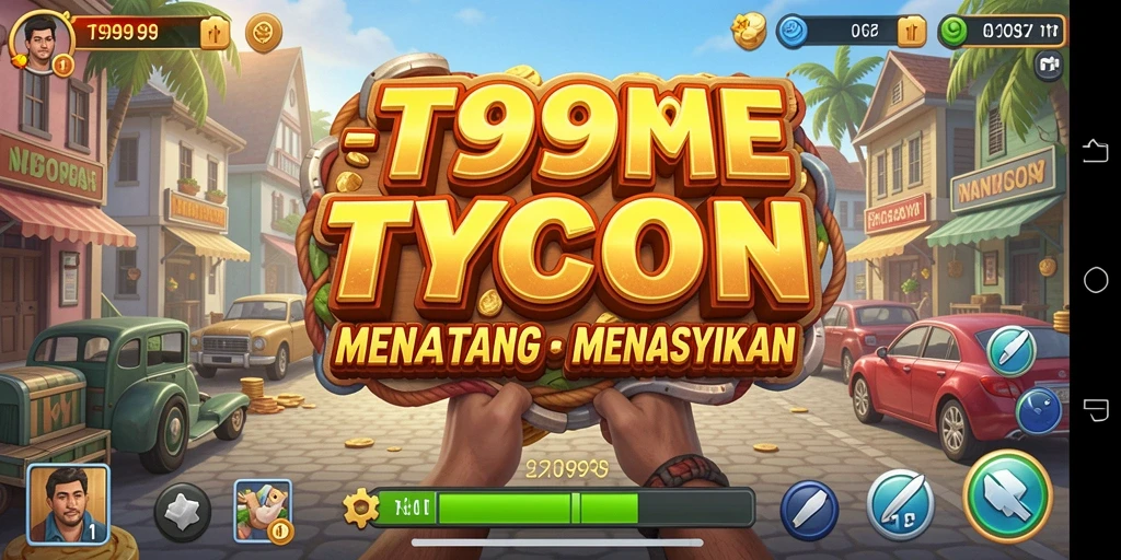 Tampilan gameplay seru di T9999, membangun kerajaan bisnis Anda.